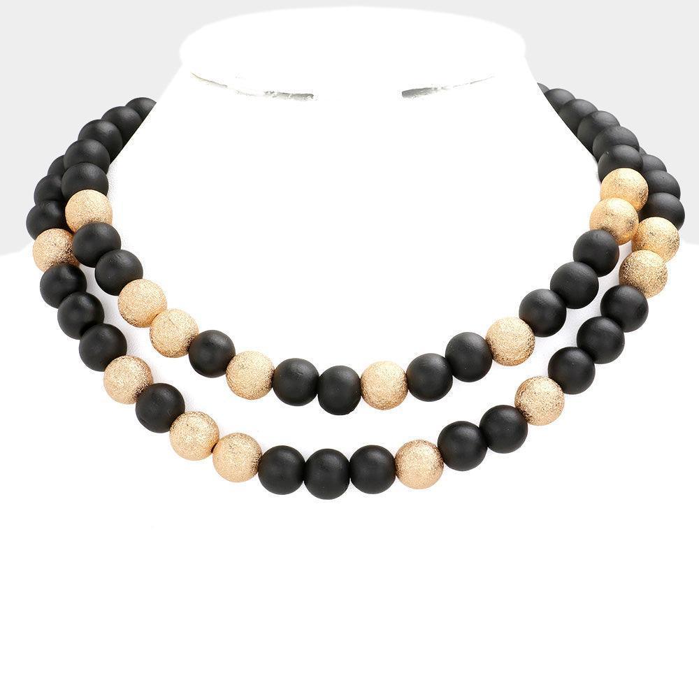 Black Brass Metal Wood Ball Double Layered Necklace - Jewelry Store by Erik Rayo