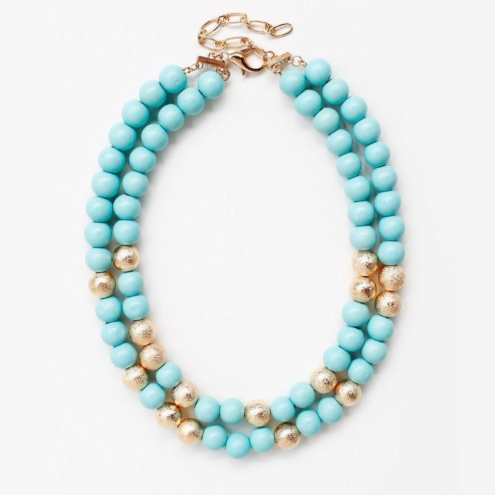 Turquoise Brass Metal Wood Ball Double Layered Necklace - Jewelry Store by Erik Rayo