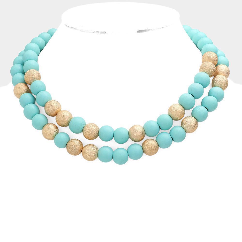 Turquoise Brass Metal Wood Ball Double Layered Necklace - Jewelry Store by Erik Rayo