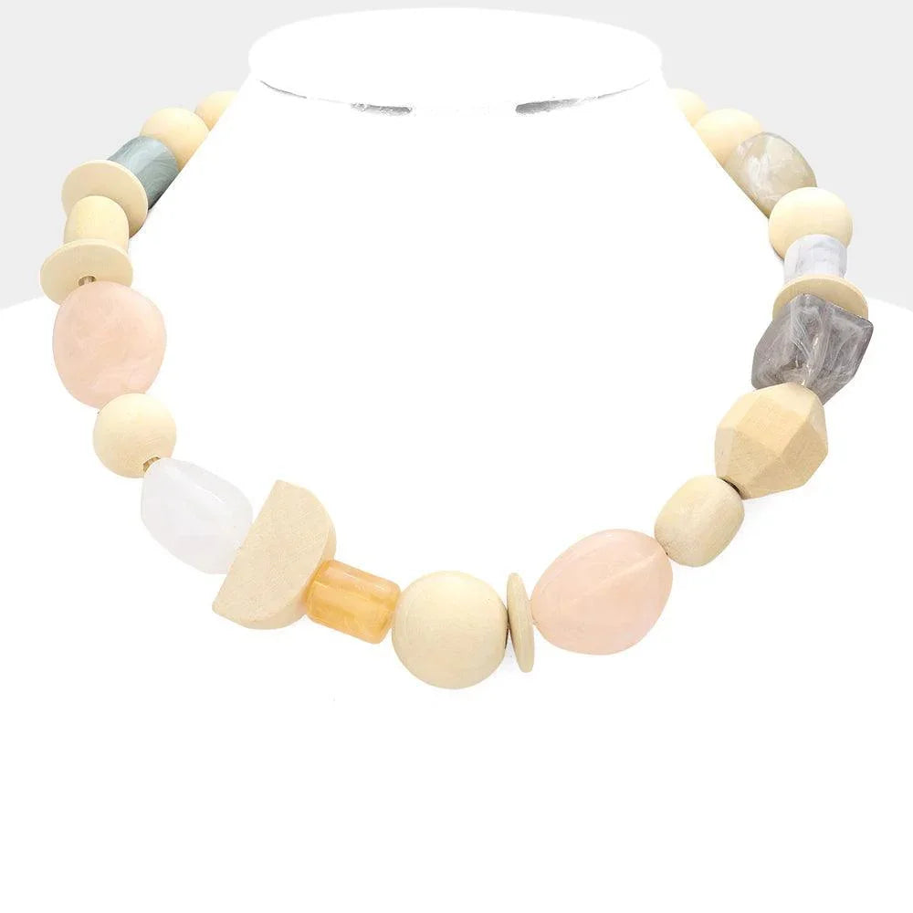 Ivory Marbled Bead Wood Collar Toggle Necklace - Jewelry Store by Erik Rayo