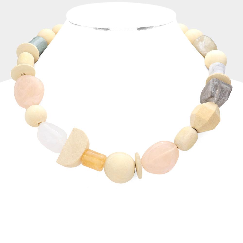 Ivory Marbled Bead Wood Collar Toggle Necklace