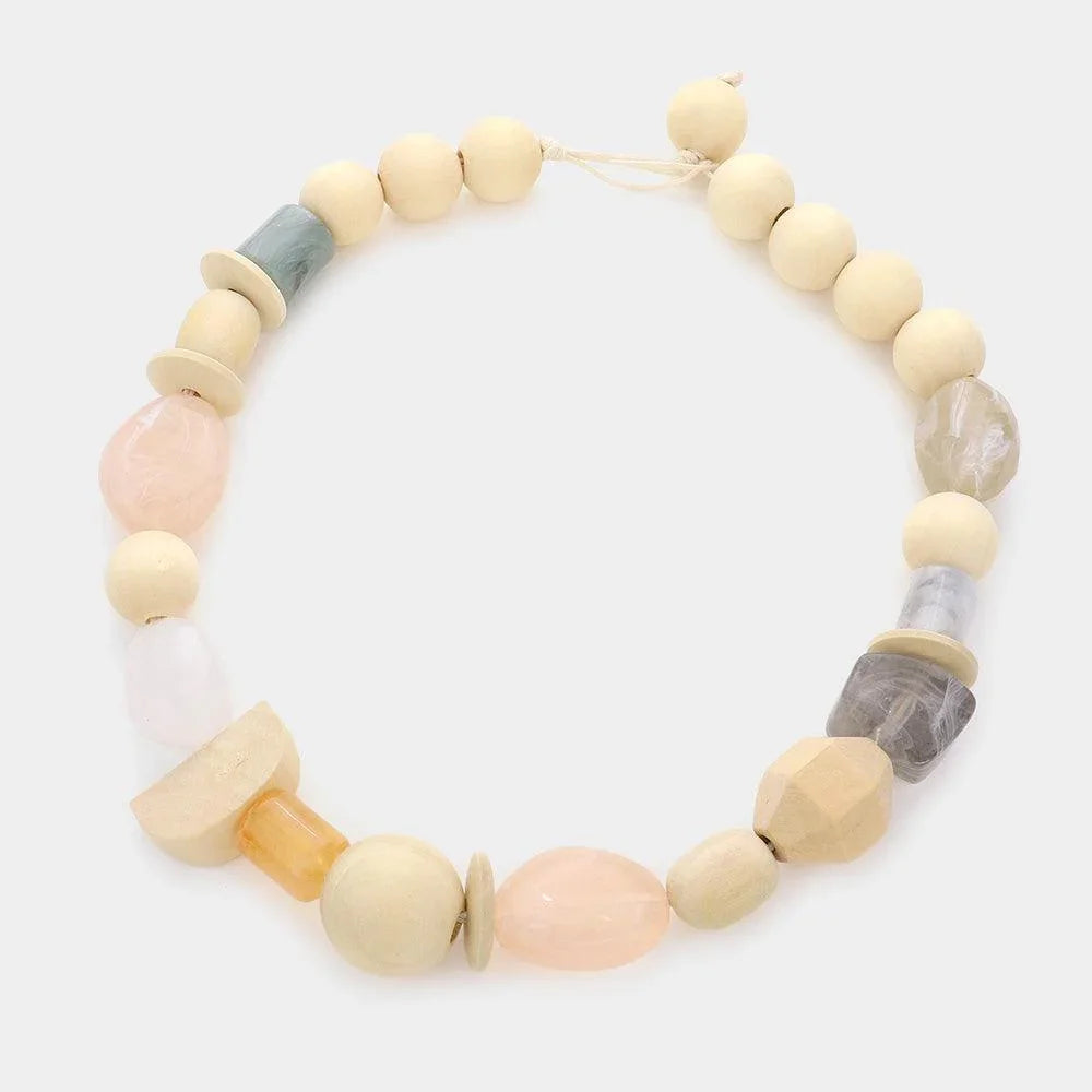 Ivory Marbled Bead Wood Collar Toggle Necklace - Jewelry Store by Erik Rayo