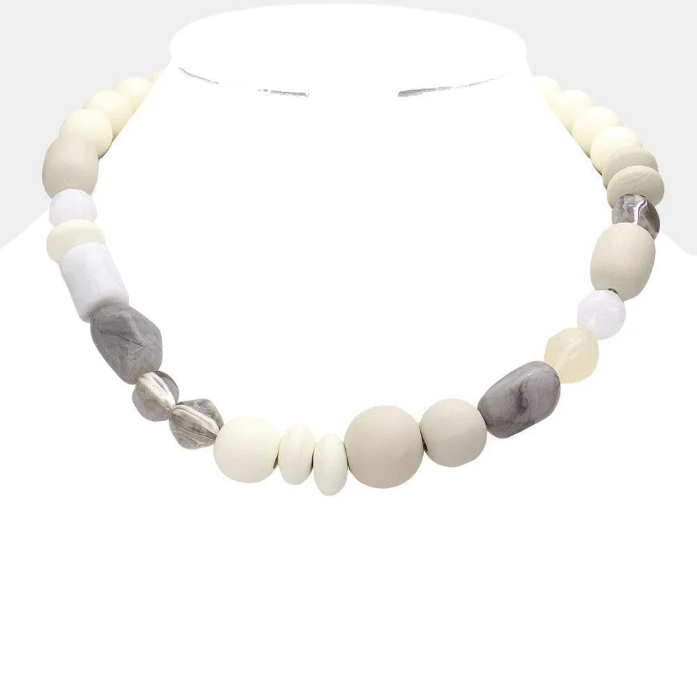Ivory Marbled Bead Wood Ball Collar Toggle Necklace - Jewelry Store by Erik Rayo