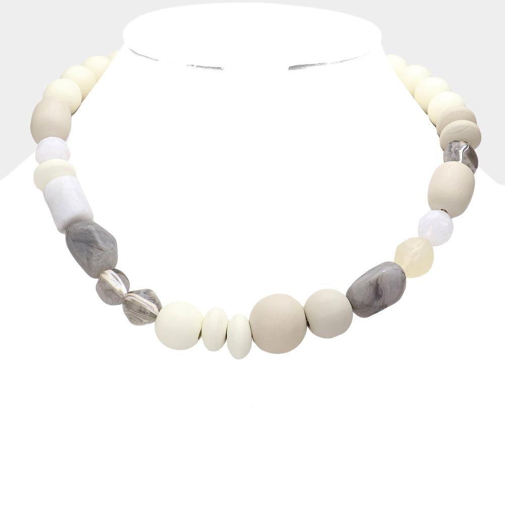 Ivory Marbled Bead Wood Ball Collar Toggle Necklace