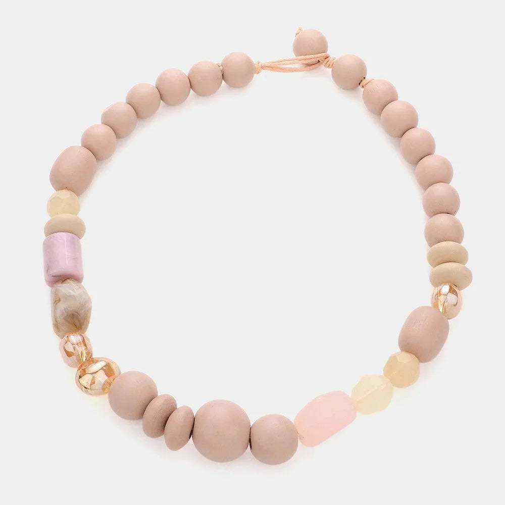 Pink Marbled Bead Wood Ball Collar Toggle Necklace - Jewelry Store by Erik Rayo
