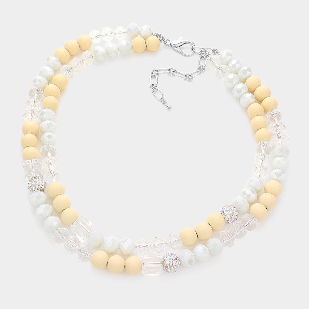 Ivory Shamballa Wood Ball Faceted Beaded Double Layered Necklace - Jewelry Store by Erik Rayo