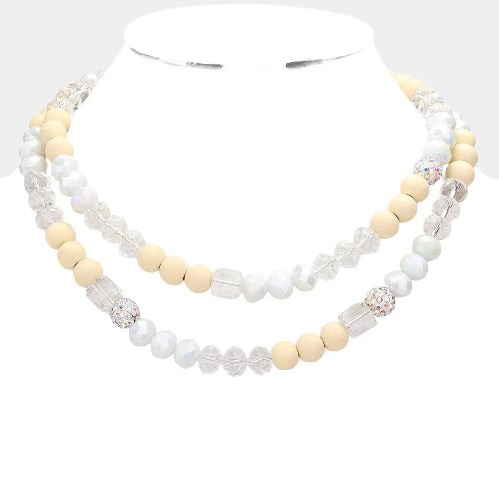 Ivory Shamballa Wood Ball Faceted Beaded Double Layered Necklace - Jewelry Store by Erik Rayo