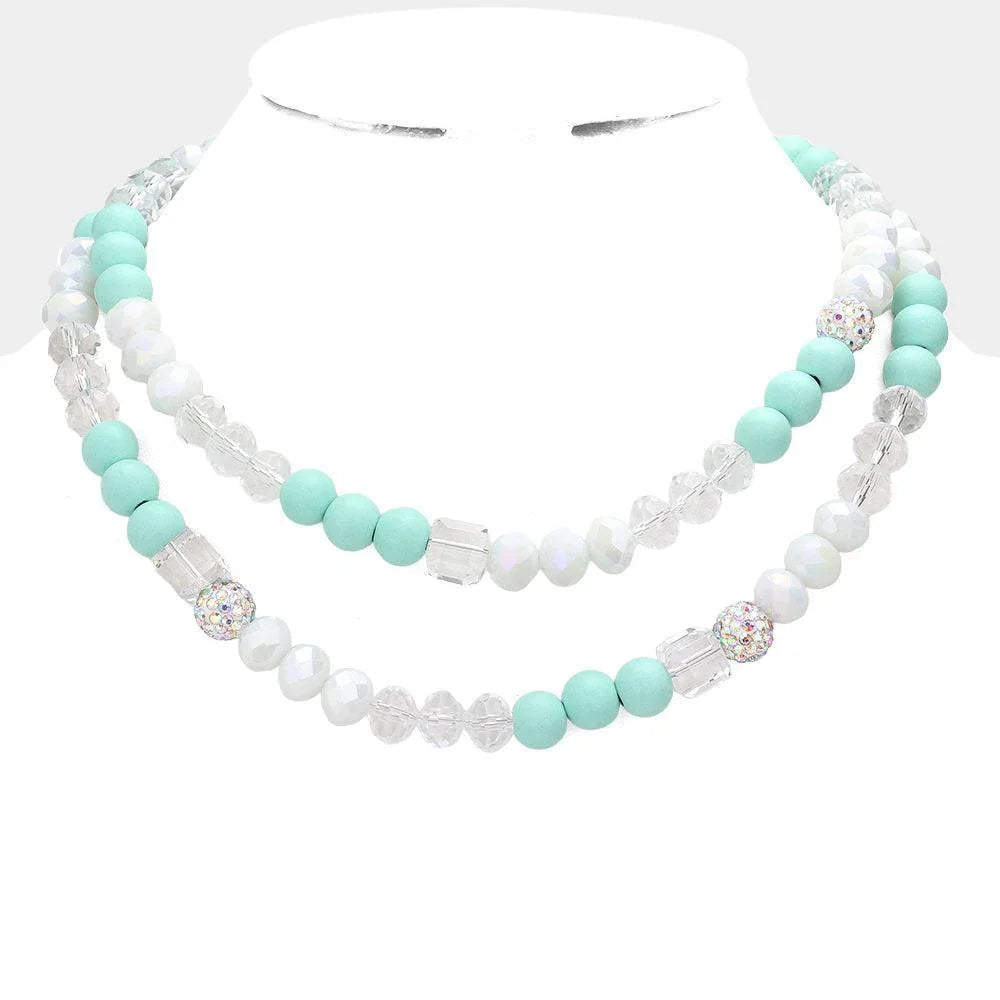 Mint Shamballa Wood Ball Faceted Beaded Double Layered Necklace - Jewelry Store by Erik Rayo