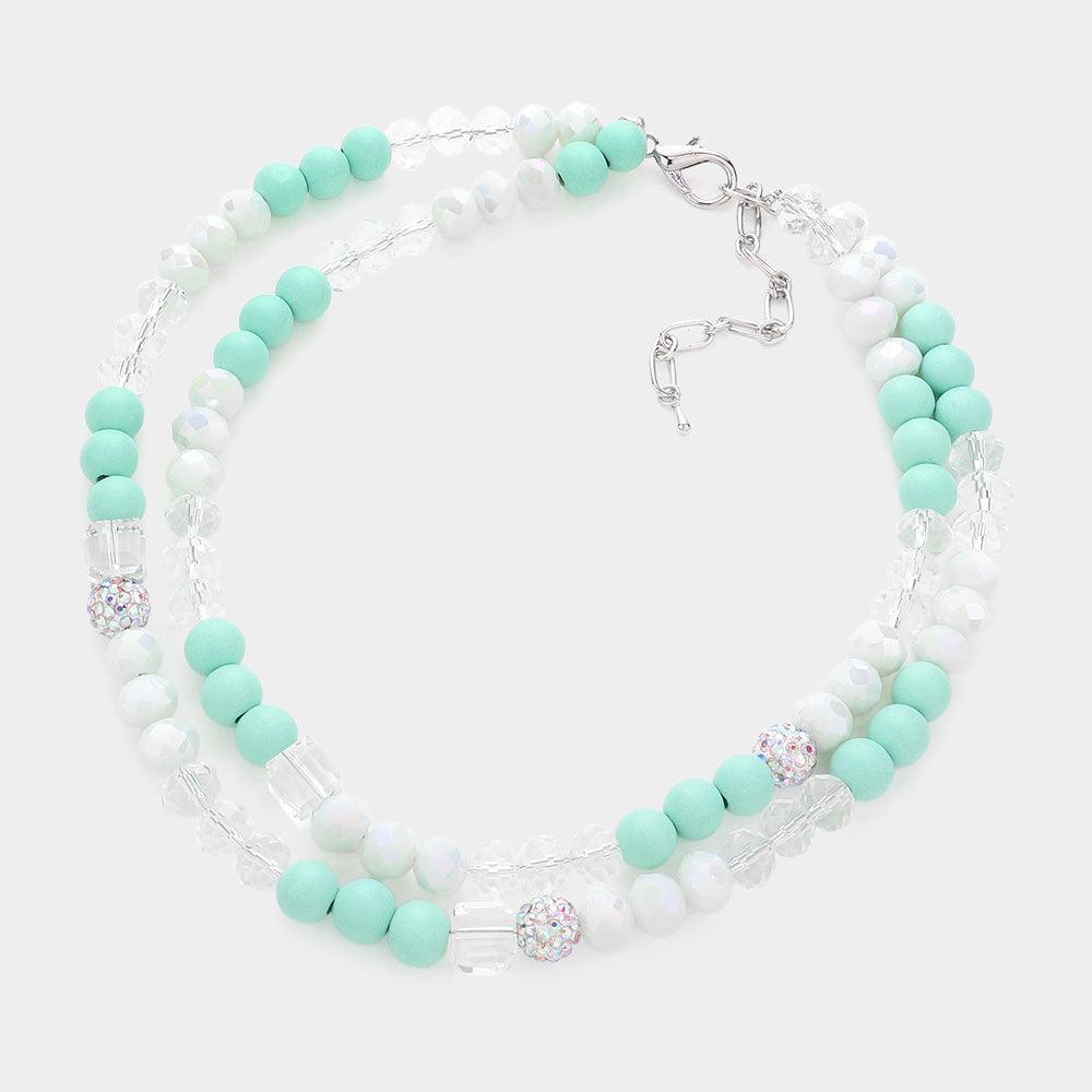 Mint Shamballa Wood Ball Faceted Beaded Double Layered Necklace - Jewelry Store by Erik Rayo