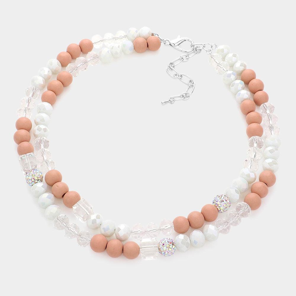 Pink Shamballa Wood Ball Faceted Beaded Double Layered Necklace - Jewelry Store by Erik Rayo
