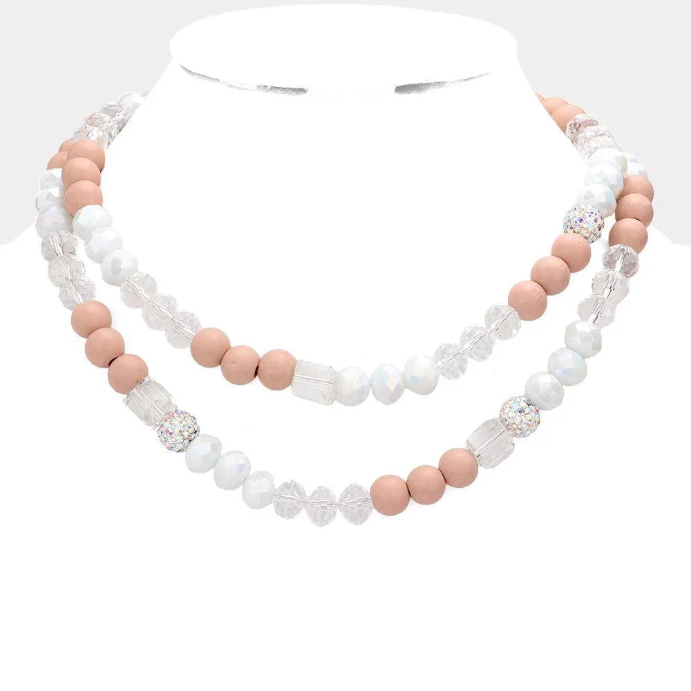 Pink Shamballa Wood Ball Faceted Beaded Double Layered Necklace - Jewelry Store by Erik Rayo