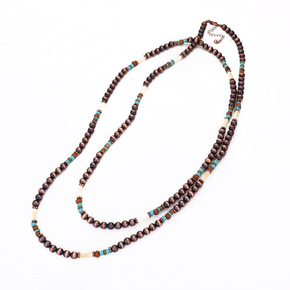 Burnished Metal Ball Wood Beaded Long Necklace - Jewelry Store by Erik Rayo