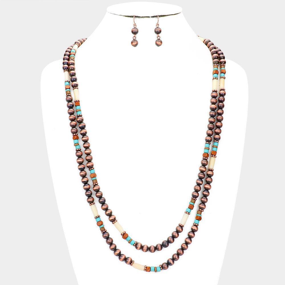 Burnished Metal Ball Wood Beaded Long Necklace - Jewelry Store by Erik Rayo
