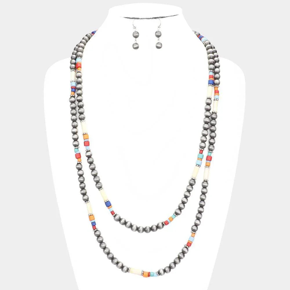 Silver Burnished Metal Ball Wood Beaded Long Necklace - Jewelry Store by Erik Rayo
