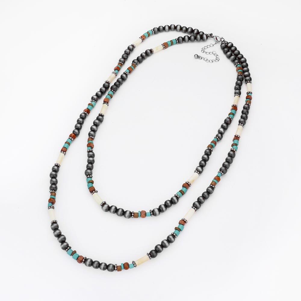 Silver Burnished Metal Ball Wood Beaded Double Layered Necklace - Jewelry Store by Erik Rayo