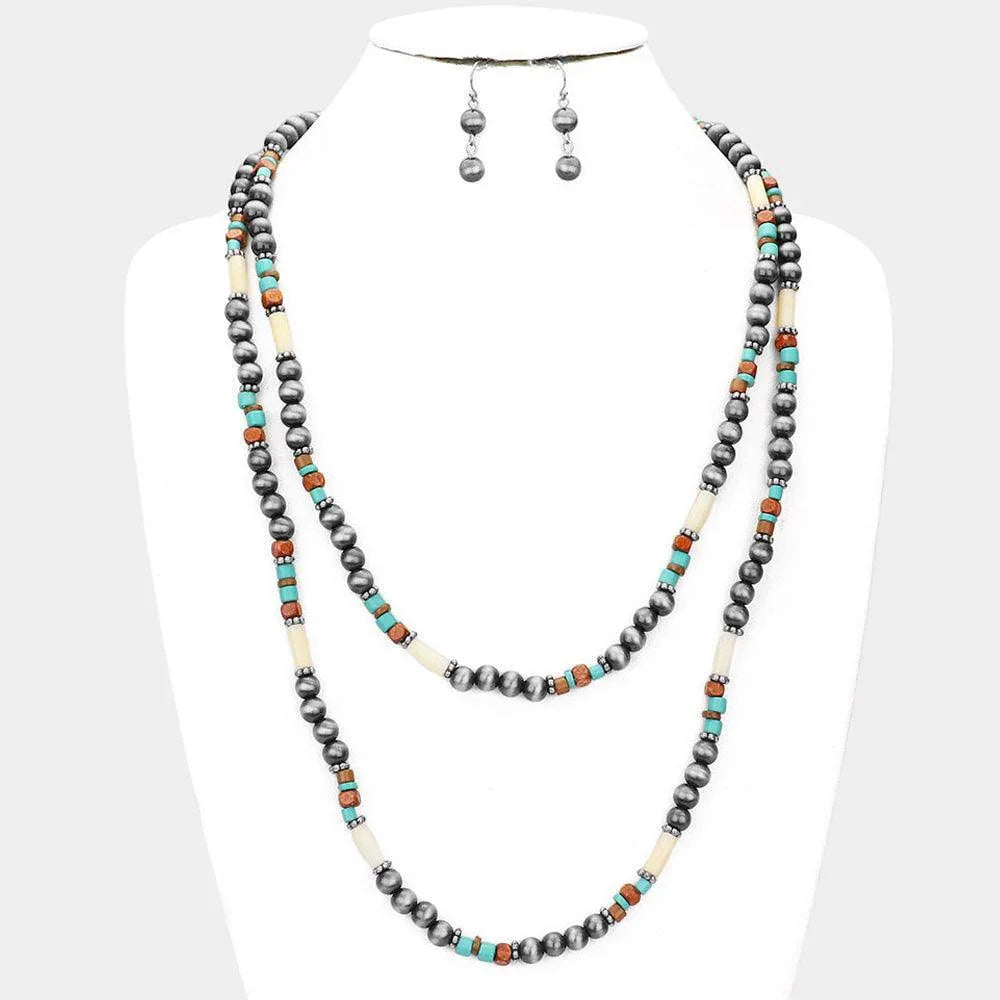 Silver Burnished Metal Ball Wood Beaded Double Layered Necklace - Jewelry Store by Erik Rayo