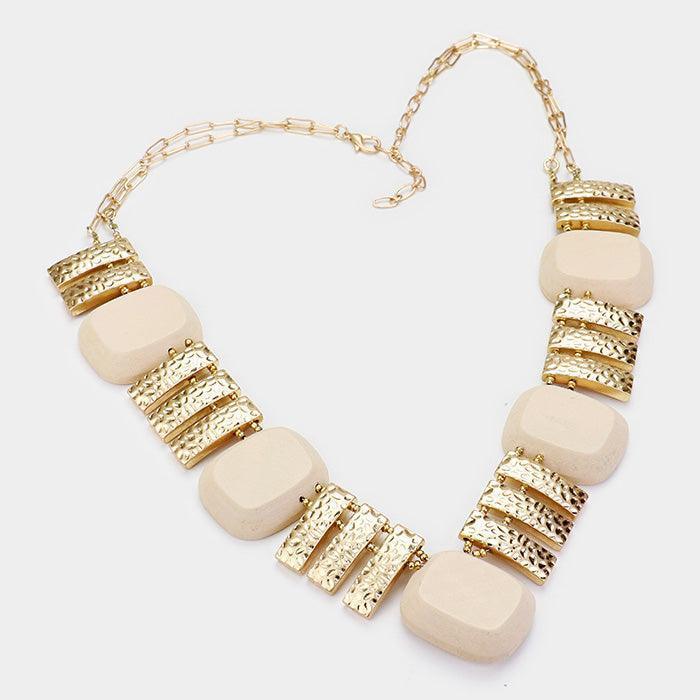 Gold Hammered Bar Wood Bead Collar Statement Necklace - Jewelry Store by Erik Rayo
