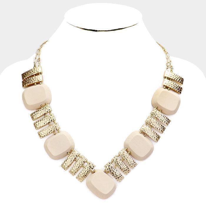 Gold Hammered Bar Wood Bead Collar Statement Necklace - Jewelry Store by Erik Rayo