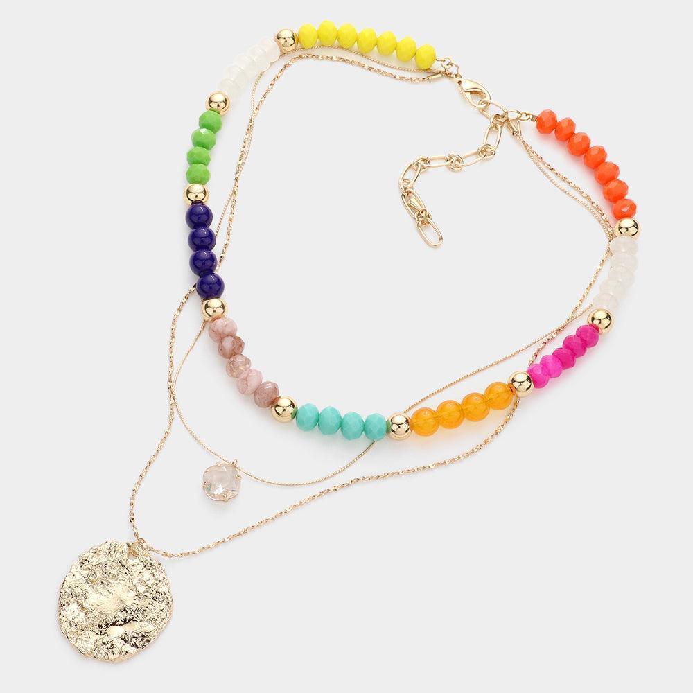 Abstract Metal Round Pendant Faceted Beaded Triple Layered Necklace - Jewelry Store by Erik Rayo
