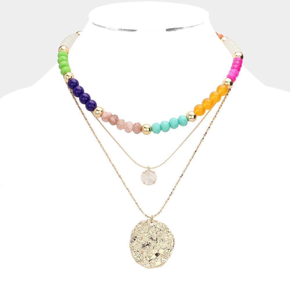 Abstract Metal Round Pendant Faceted Beaded Triple Layered Necklace - Jewelry Store by Erik Rayo