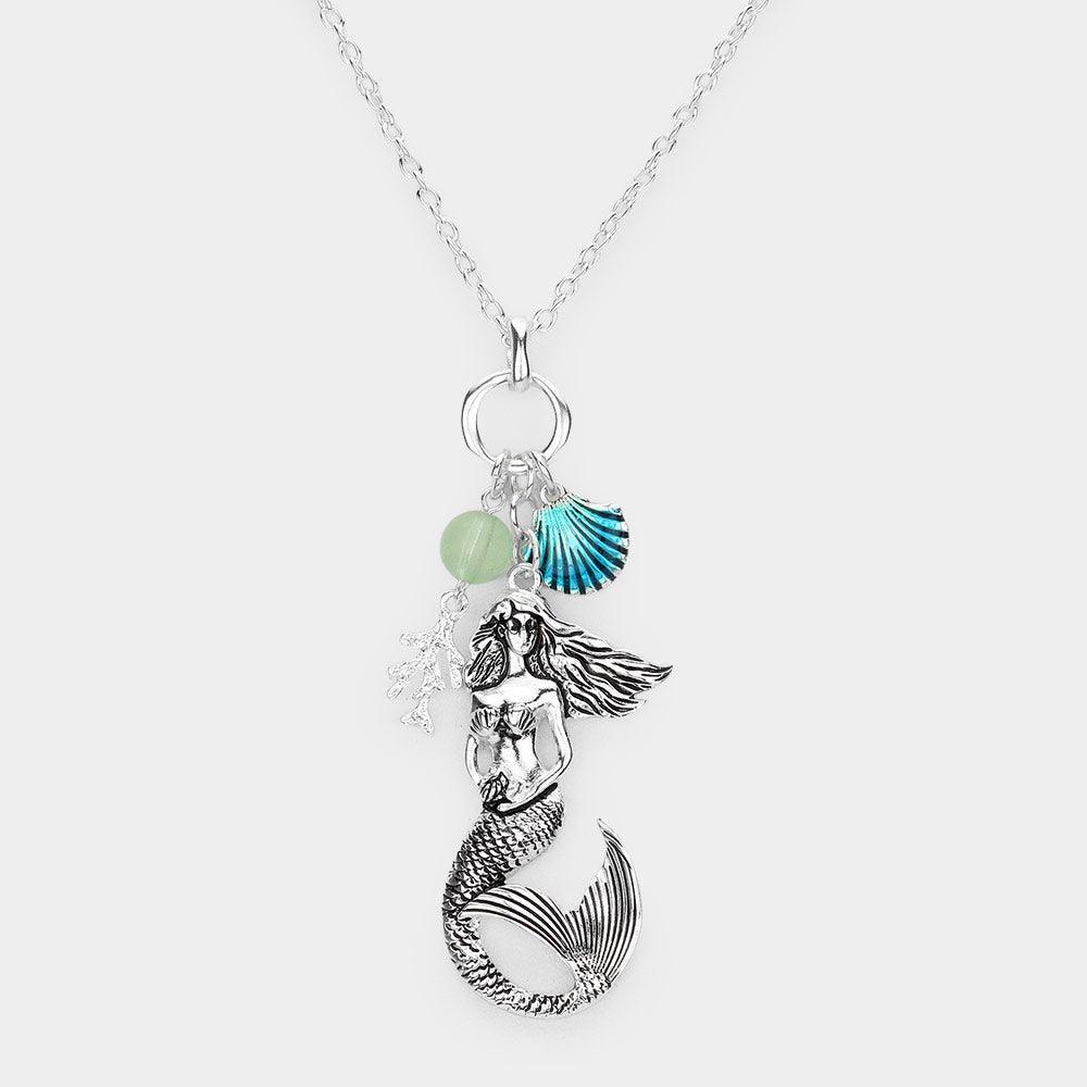 Silver Enamel Shell Metal Mermaid Coral Pendant Necklace - Jewelry Store by Erik Rayo