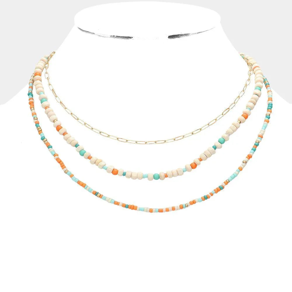 Orange Wood Ball Seed Beaded Triple Layered Bib Necklace - Jewelry Store by Erik Rayo