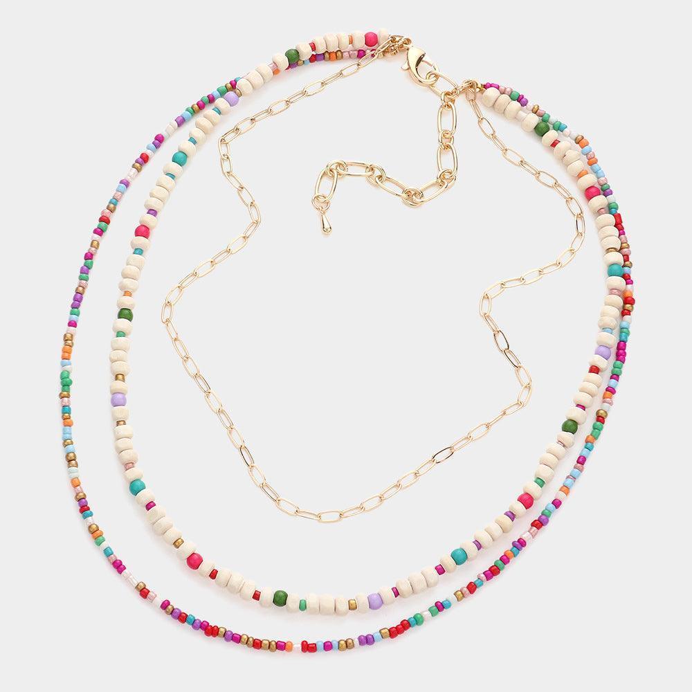 Pink Wood Ball Seed Beaded Triple Layered Bib Necklace - Jewelry Store by Erik Rayo