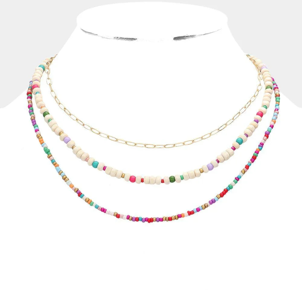 Pink Wood Ball Seed Beaded Triple Layered Bib Necklace - Jewelry Store by Erik Rayo