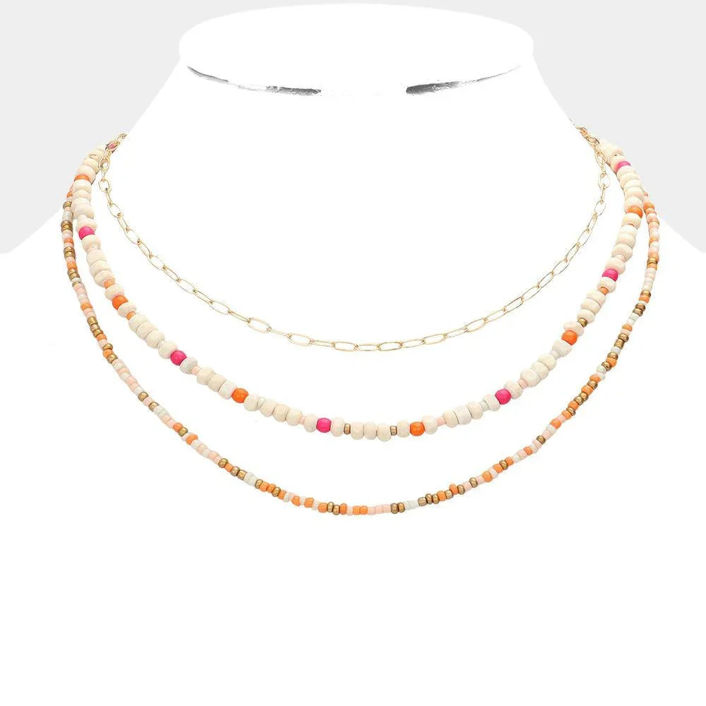 Pink Wood Ball Seed Beaded Triple Layered Bib Necklace - Jewelry Store by Erik Rayo