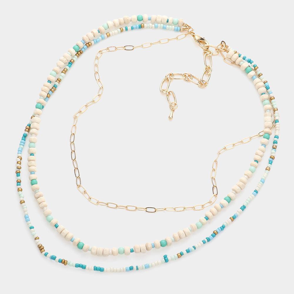 Turquoise Wood Ball Seed Beaded Triple Layered Bib Necklace - Jewelry Store by Erik Rayo