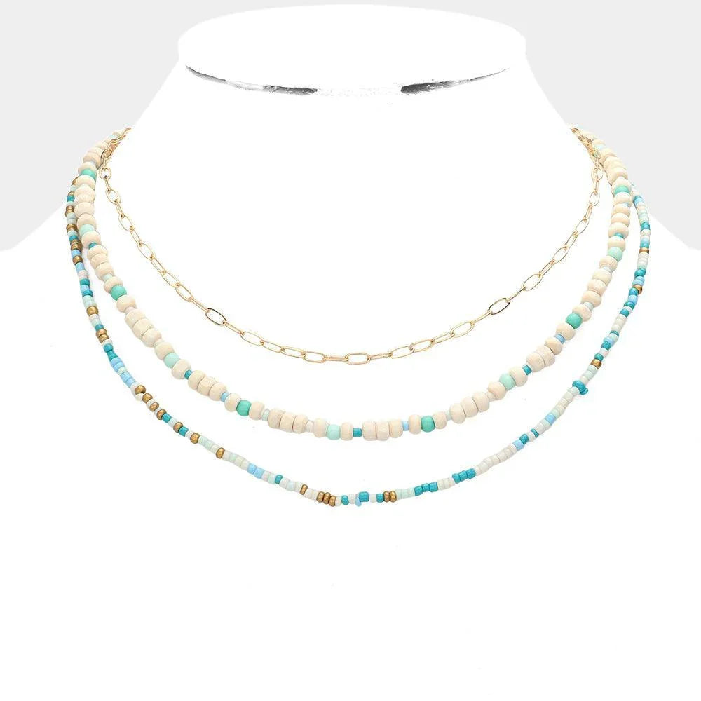 Turquoise Wood Ball Seed Beaded Triple Layered Bib Necklace - Jewelry Store by Erik Rayo