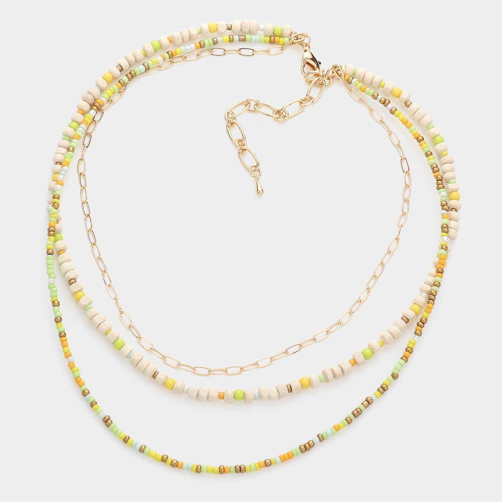 Yellow Wood Ball Seed Beaded Triple Layered Bib Necklace - Jewelry Store by Erik Rayo