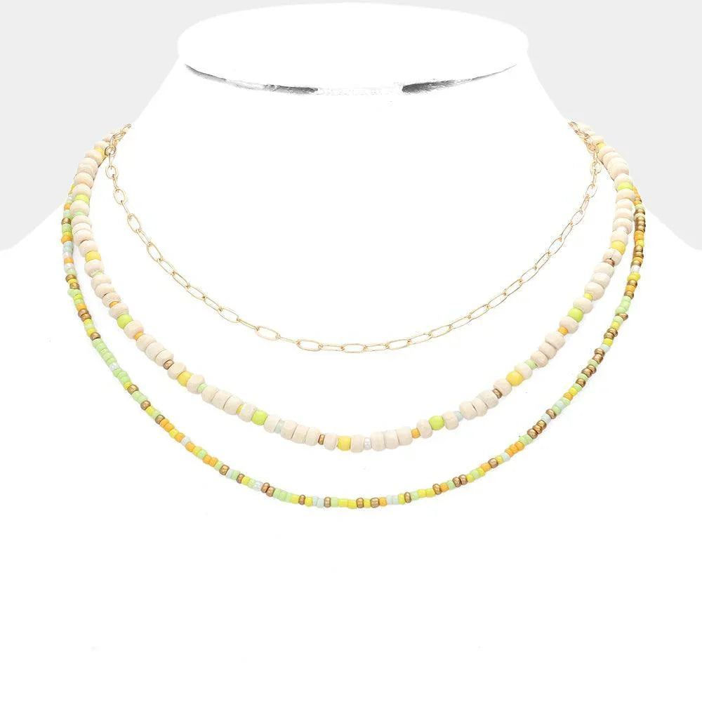 Yellow Wood Ball Seed Beaded Triple Layered Bib Necklace - Jewelry Store by Erik Rayo