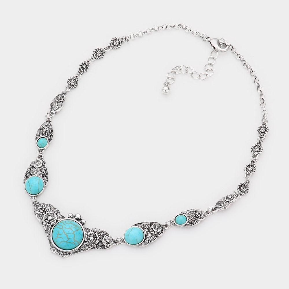 Turquoise Natural Stone Accented Antique Metal Link Necklace - Jewelry Store by Erik Rayo