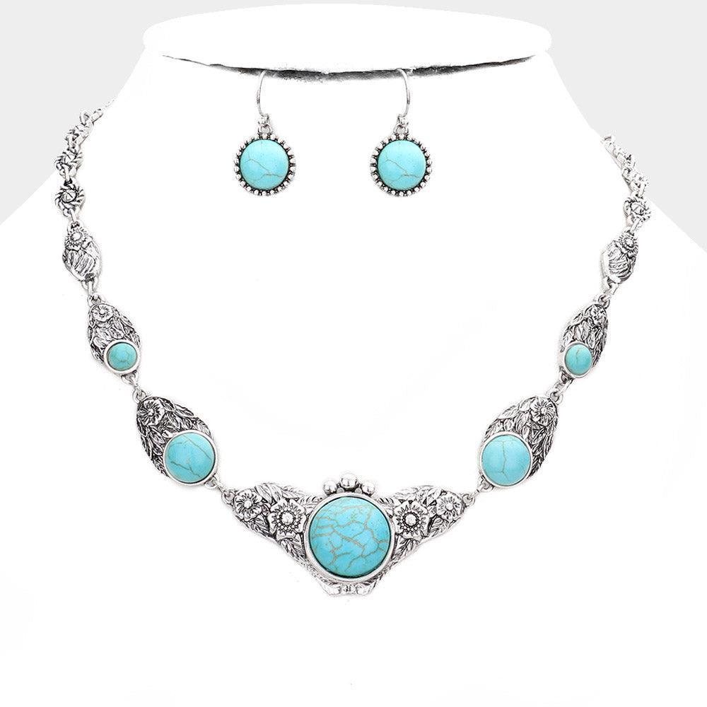 Turquoise Natural Stone Accented Antique Metal Link Necklace - Jewelry Store by Erik Rayo