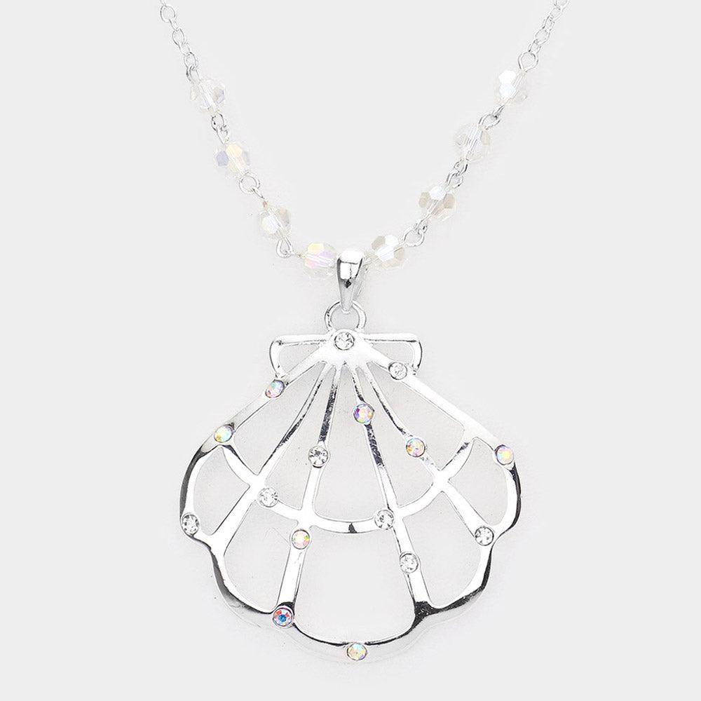 Silver Stone Embellished Cut Out Metal Shell Pendant Necklace - Jewelry Store by Erik Rayo