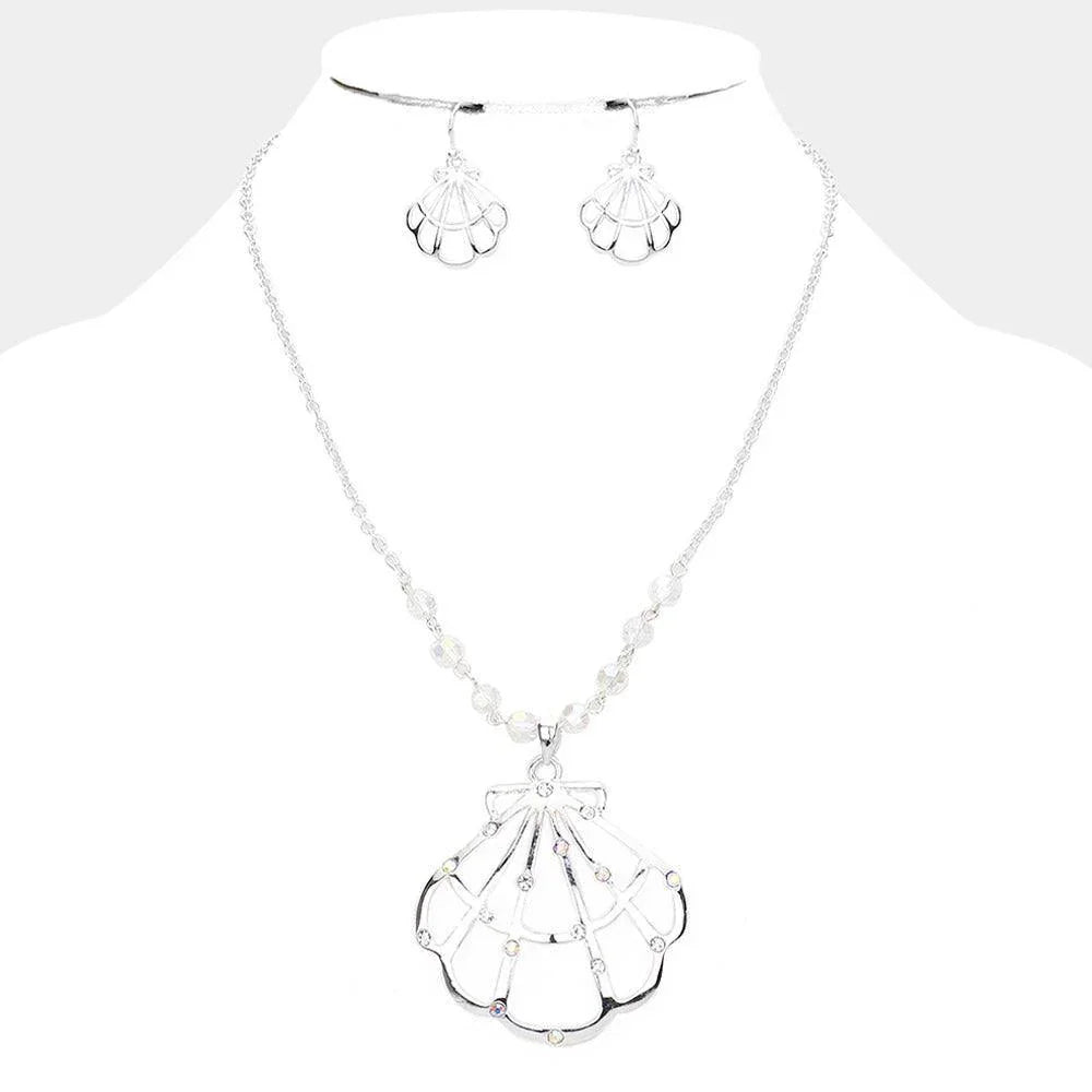 Silver Stone Embellished Cut Out Metal Shell Pendant Necklace - Jewelry Store by Erik Rayo