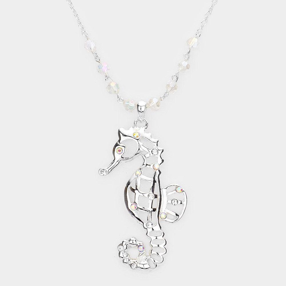 Silver Stone Embellished Cut Out Metal Seahorse Pendant Necklace - Jewelry Store by Erik Rayo