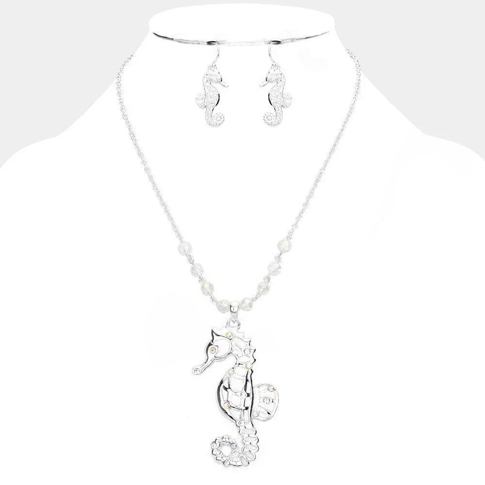 Silver Stone Embellished Cut Out Metal Seahorse Pendant Necklace - Jewelry Store by Erik Rayo