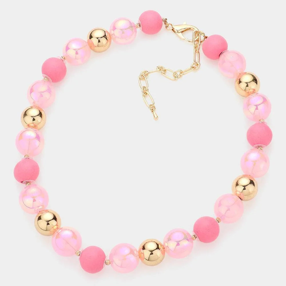 Pink Chunky Glass Metal Ball Beaded Necklace - Jewelry Store by Erik Rayo