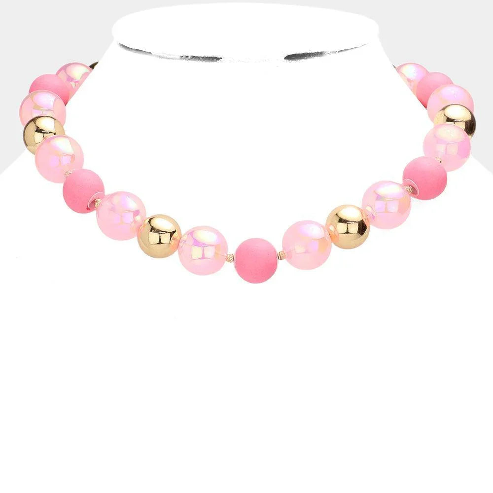 Pink Chunky Glass Metal Ball Beaded Necklace - Jewelry Store by Erik Rayo