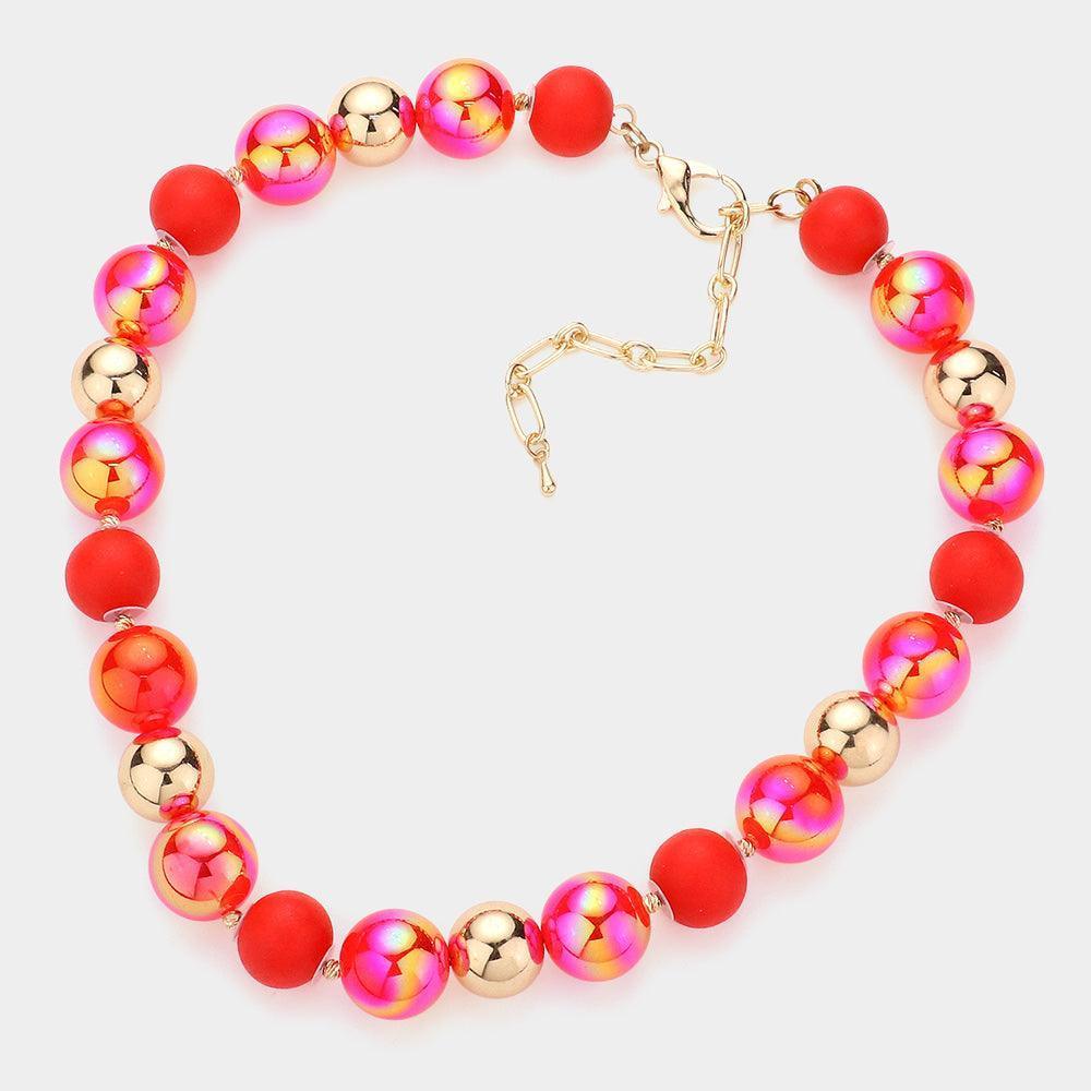 Red Chunky Glass Metal Ball Beaded Necklace - Jewelry Store by Erik Rayo