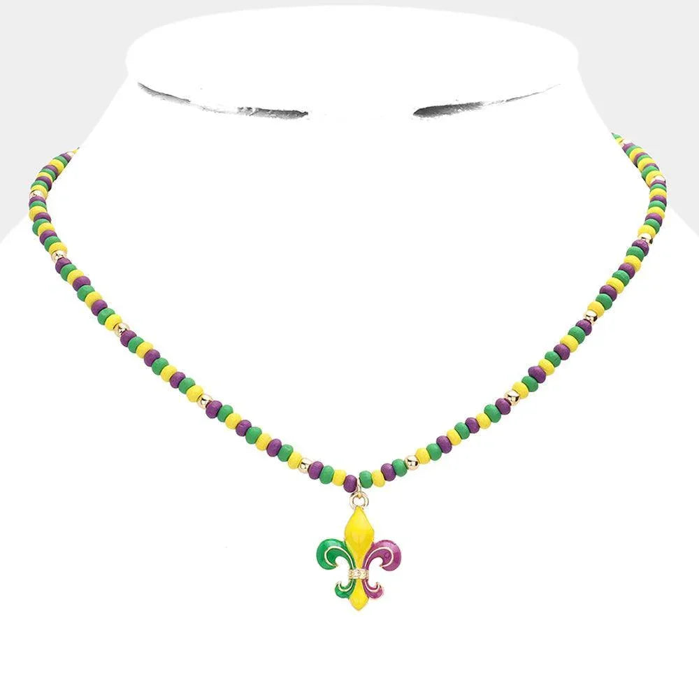 Mardi Gras Fleur de Lis Pendant Wood Ball Necklace - Jewelry Store by Erik Rayo