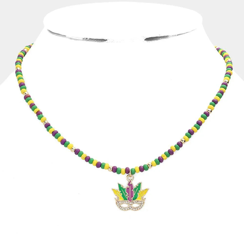 Mardi Gras Mask Pendant Wood Ball Necklace - Jewelry Store by Erik Rayo