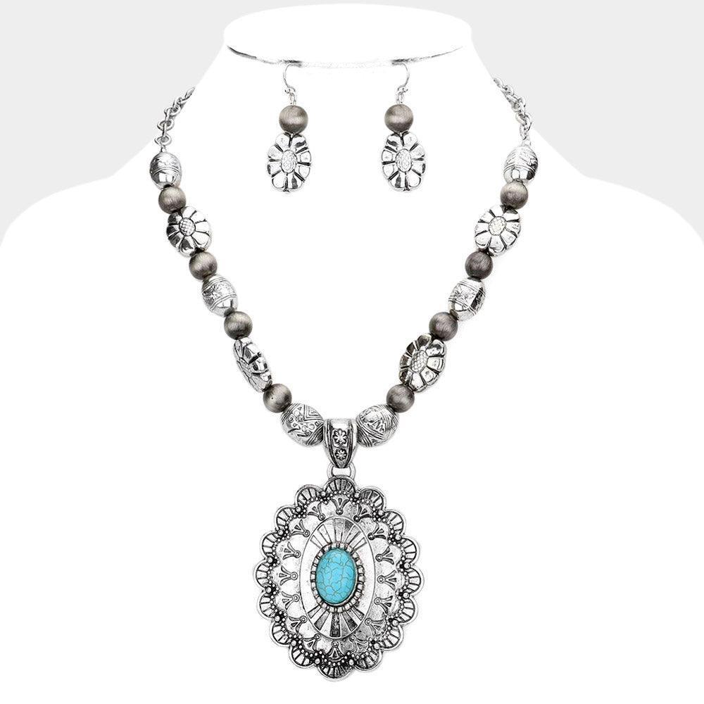Turquoise Natural Stone Accented Antique Metal Necklace - Jewelry Store by Erik Rayo