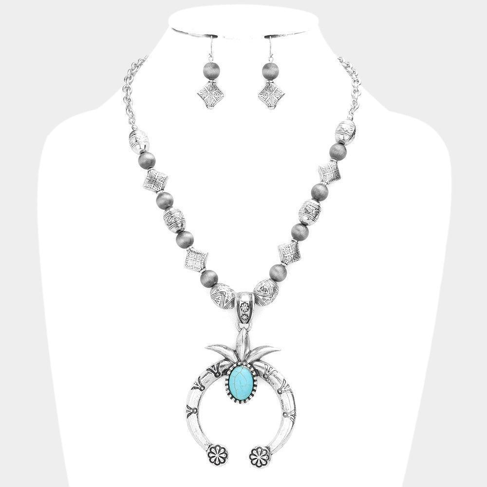 Turquoise Natural Stone Accented Double Horn Pendant Necklace - Jewelry Store by Erik Rayo
