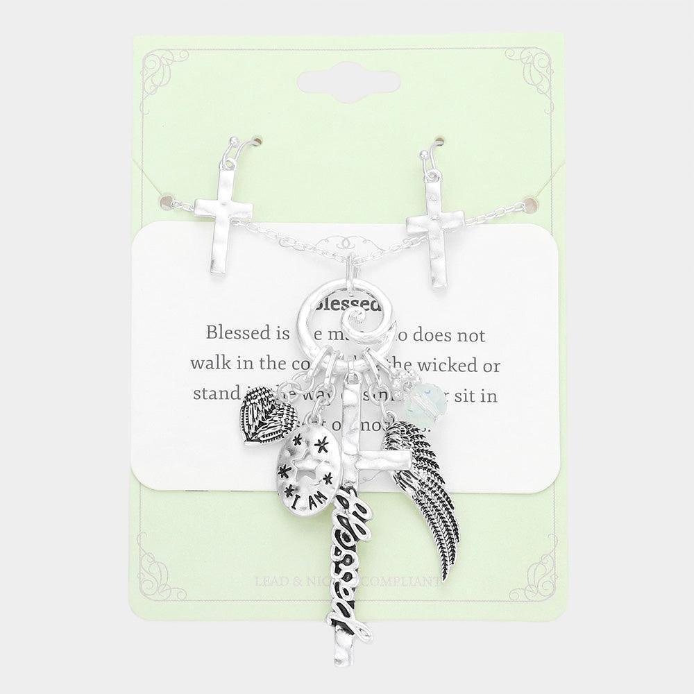 Silver Blessed Message Multi Charm Pendant Necklace - Jewelry Store by Erik Rayo