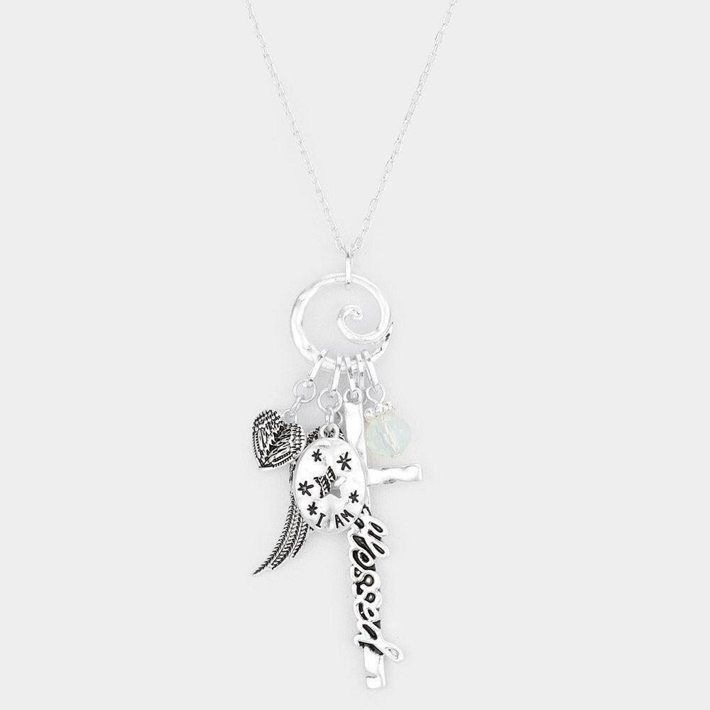 Silver Blessed Message Multi Charm Pendant Necklace - Jewelry Store by Erik Rayo