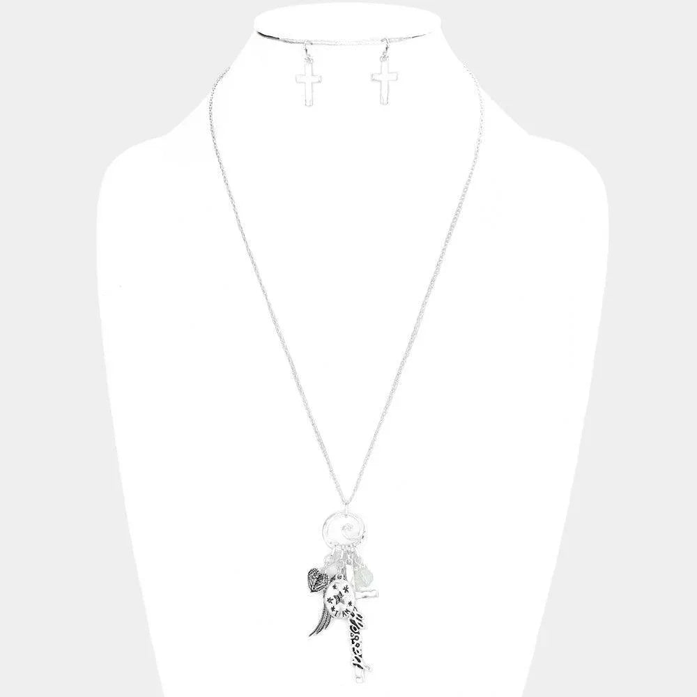 Silver Blessed Message Multi Charm Pendant Necklace - Jewelry Store by Erik Rayo