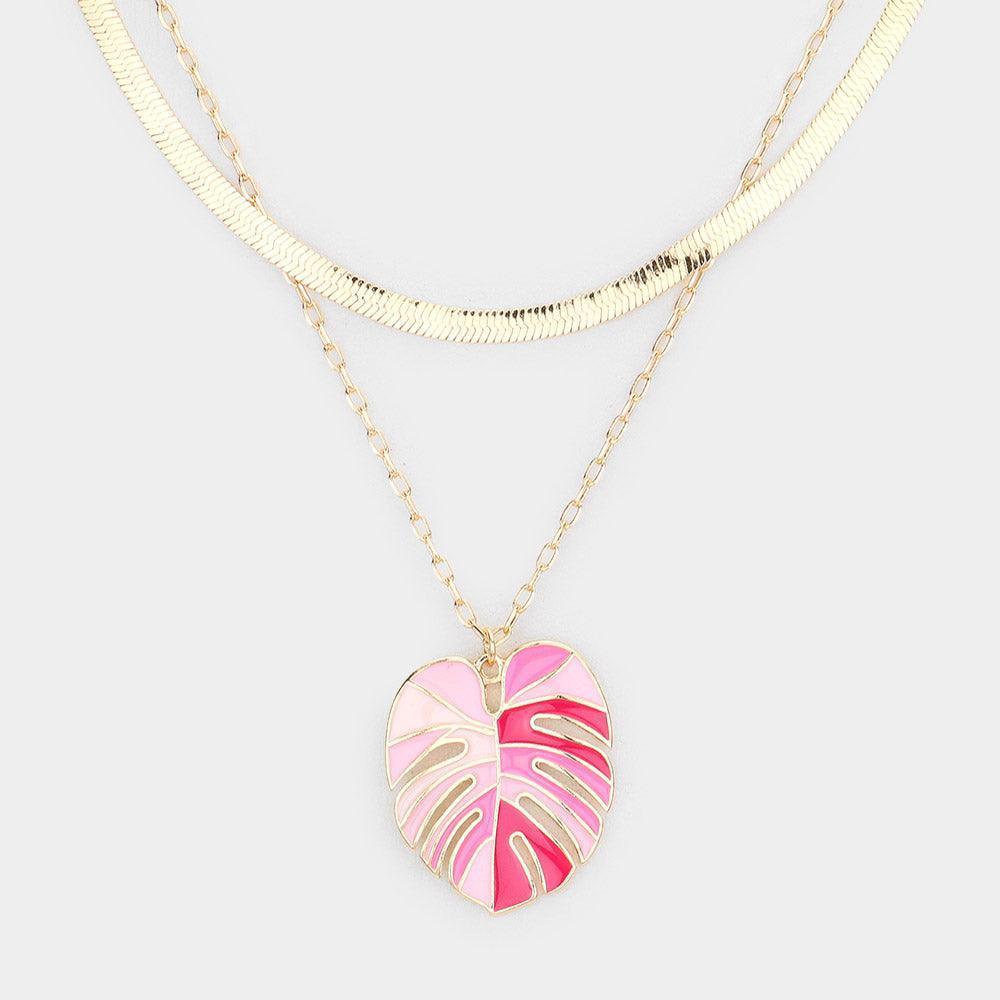 Pink Enamel Tropical Leaf Pendant Double Layered Necklace - Jewelry Store by Erik Rayo